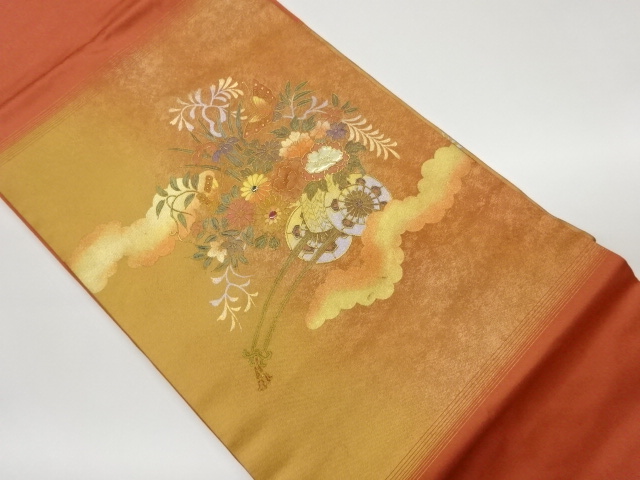 JAPANESE KIMONO / VINTAGE NAGOYA OBI / KINSAI / SHELL INLAY / FLORAL CART